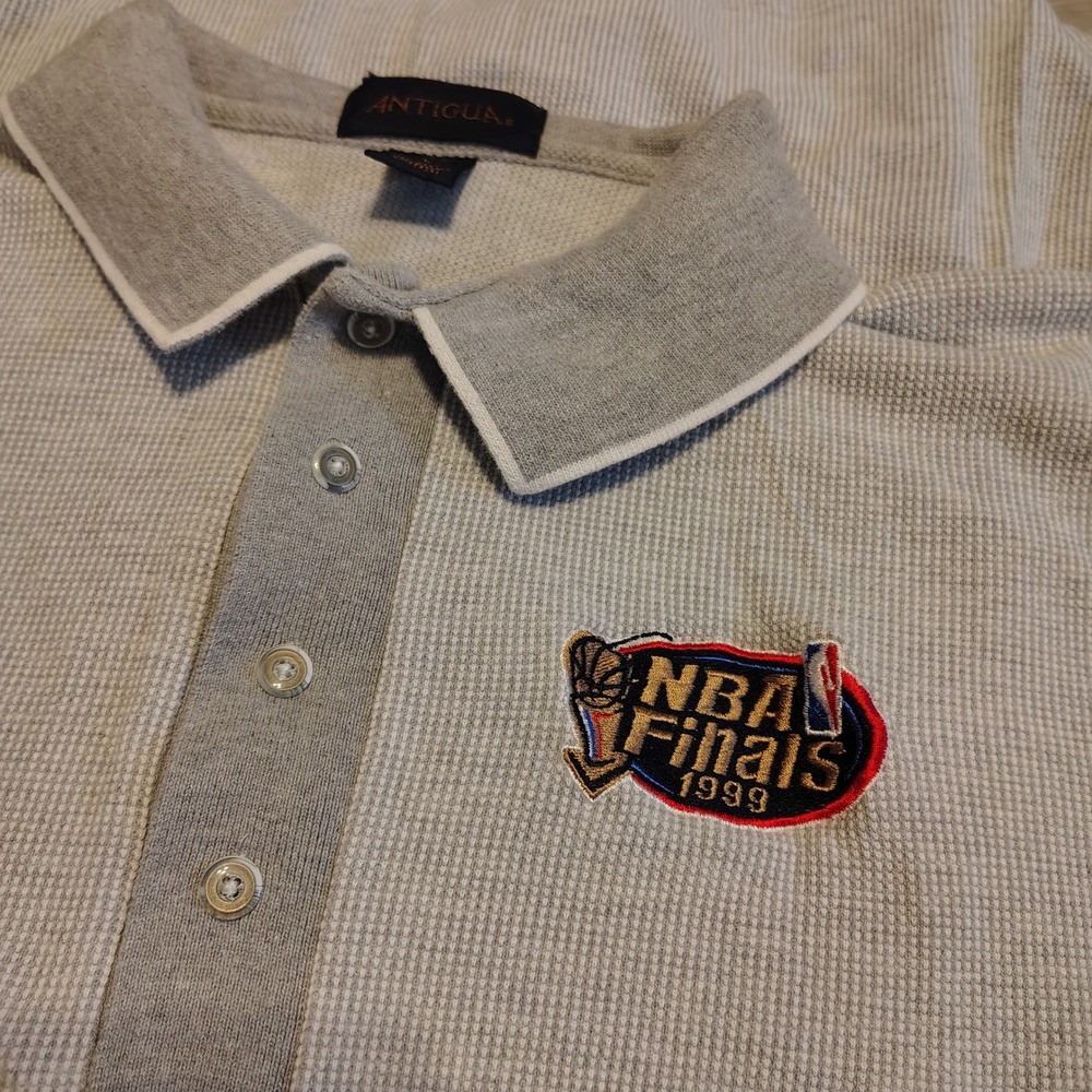 Vintage Antigua 1999 NBA Finals Polo Shirt Mens Large Grey Waffle Knit Cotton